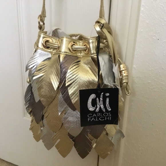 NWT RARE Chi By Carlos FALCHI Genuine Metallic  LEAVES  Bucket/ Crossbody Bag - Picture 1 of 12